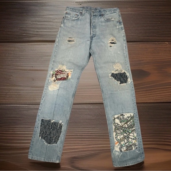 VTG Levi's 501 Upcycled Custom Patchwork Distressed Jeans Womens 33x36 ISA